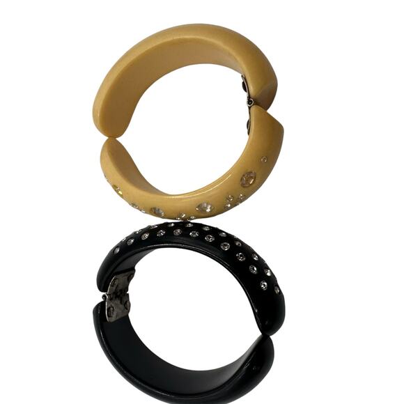 Vintage Weiss Two Bracelets Cream & Black Rhinestone Clamper Thermoset SMALL - Picture 2 of 14